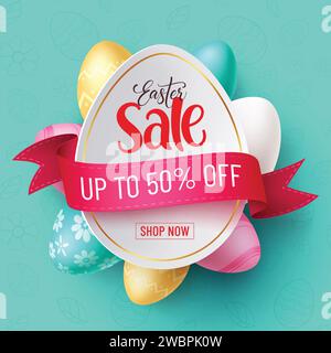 Easter sale text vector template design. Easter sale 50% off discount promo in egg shape space for typography for seasonal shopping promotion. Vector Stock Vector