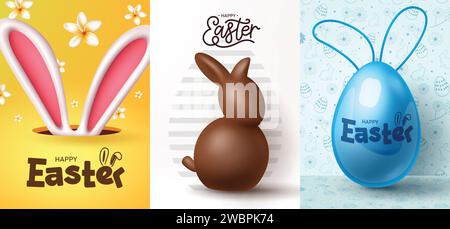 Happy easter greeting card poster vector set. Happy easter greeting card with bunny ears, chocolate rabbit and blue egg shell decoration elements. Stock Vector