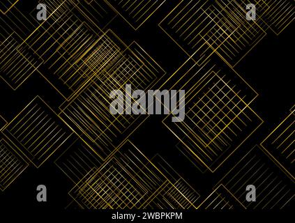 Golden abstract linear squares on black background. Geometric vector design Stock Vector