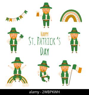 St. Patrick's Day set of happy leprechauns in a flat minimalistic style. Vector Illustrations. Cheerful man character Stock Vector