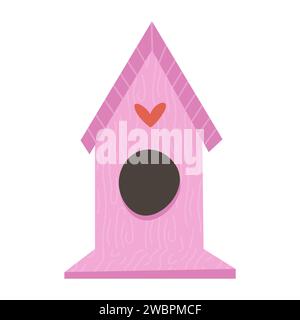 Cute wooden pink birdhouse for birds isolated on a white background. Cartoon vector illustration. Stock Vector