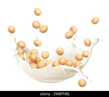 Soybeans with milk splashing isolated on white background Stock Photo