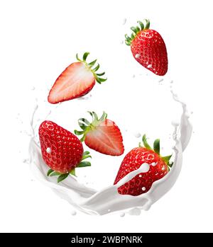 Milk splash with strawberries isolated on white background Stock Photo