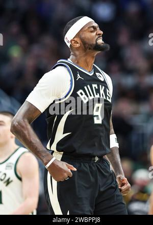 Milwaukee, USA. 11th Jan, 2024. Milwaukee Bucks forward Bobby Portis celebrates during the NBA regular season game between Milwaukee Bucks and Boston Celtics in Milwaukee, the United States, Jan. 11, 2024. Credit: Joel Lerner/Xinhua/Alamy Live News Stock Photo