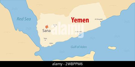 Yemen map with main cities Sana under the attack and Red sea. strikes Houthis in Yemen illustration. Colored map of Yemen area with other land. Stock Vector