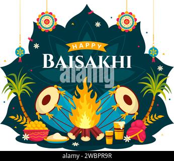 Happy Baisakhi Vector Illustration of Vaisakhi Punjabi Spring Harvest Festival of Sikh Celebration with Drum and Kite in Holiday Cartoon Background Stock Vector