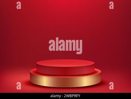 Chinese New Year product launch 3D podium mockup. Featuring a luxurious red and gold design,. Vector illustration Stock Vector