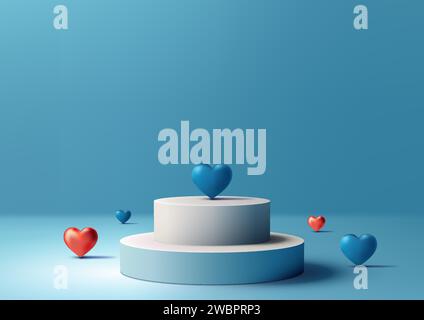 Valentine's Day display with this 3D blue podium mockup. Red and Blue Heart glossy elements with blue background, perfect for showcasing products, bra Stock Vector