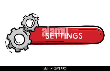 Bright Red Oval Sticker Button For Design Doodle Hand Drawn With Gears Icon And Text Settings Stock Vector