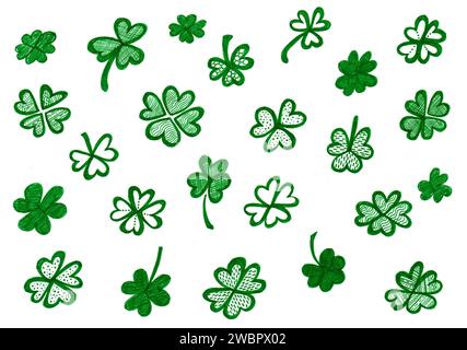 Set of clovers in doodle style. Green color on a white background. Shamrocks or four leaf clovers. Filling or contour drawing with decor. Decor of lin Stock Photo