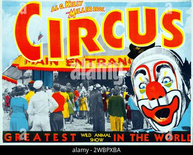 Vintage circus poster - Al G. Kelly and Miller Bros. Circus greatest wild animal show in the world - Main entrance and a clown - c 1940s Stock Photo