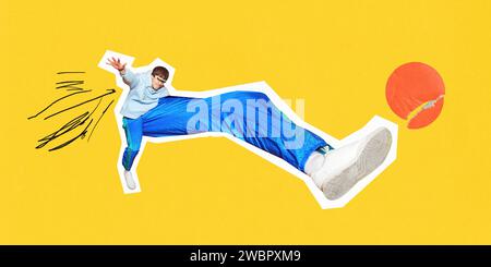 Contemporary art collage. Young man in retro clothes, stylish sunglasses kicking ball with his huge long leg in motion. Trendy magazine style. Stock Photo