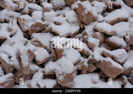 Snow-covered rocks in winter, closeup shot, background or texture Stock Photo