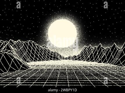 Retro dotwork landscape with 80s styled sun, grid mountains and stars background from old sci-fi book or poster. Stock Vector