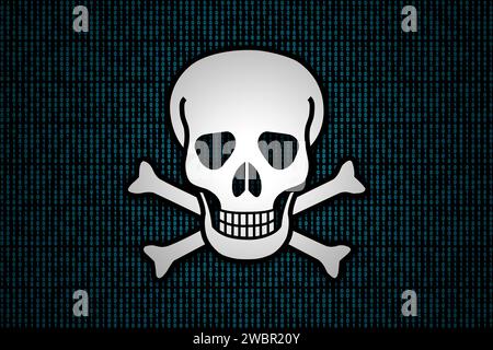 White skull and bones on a blue binary codes background. Stock Photo