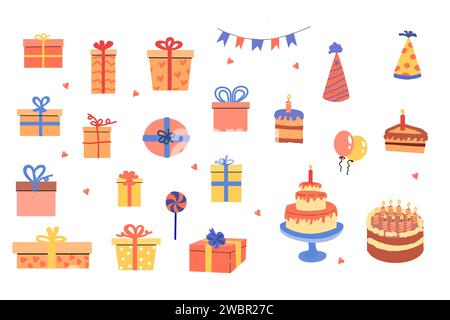 anniversary and holiday set of box, cake and balls. Vector illustration isolated Stock Vector