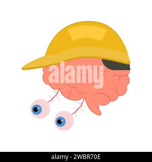 Human brain with eyes in a yellow protective helmet. Psychology, medicine and other concepts. Vector illustration, logo, icon on white background. Stock Vector