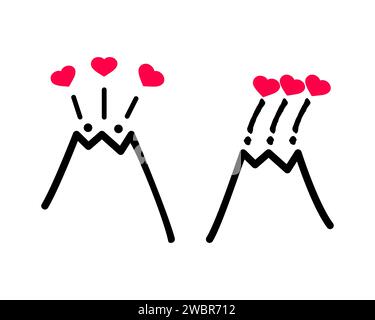 Many hearts jump out of the crater of the volcano in different directions during the eruption. Vector illustration. Stock Vector