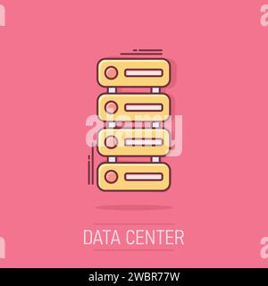 Data center icon in comic style. Server vector cartoon illustration on white isolated background. Security business concept splash effect. Stock Vector