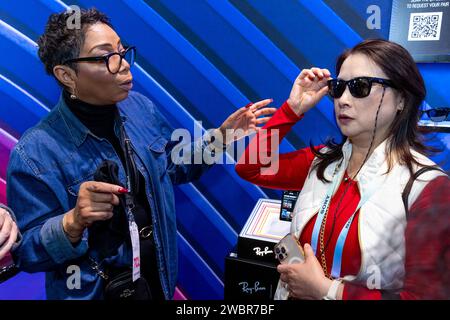 Las Vegas, USA. 11th Jan, 2024. Ray-Ban Meta smart glasses are being demonstrated during CES 2024 - Day 3 at the Las Vegas Convention Center in Las Vegas, NV on January 11, 2024. (Travis P Ball/Sipa USA) Credit: Sipa USA/Alamy Live News Stock Photo