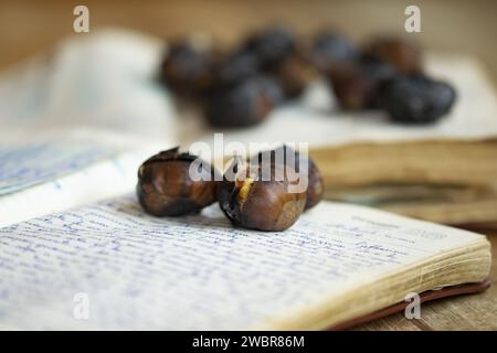 An open book filled with chestnuts, on a flat surface Stock Photo