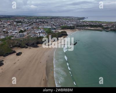 Newquay beach Cornwall UK drone,aerial Stock Photo