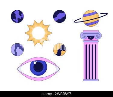 Mysterious cosmos planets 2D linear cartoon objects set Stock Vector