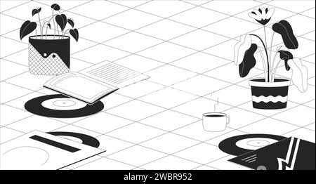 Vinyl records houseplants outline 2D cartoon background Stock Vector
