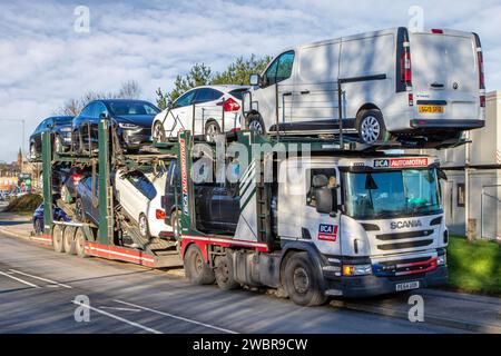BCA British Car Auctions car transporter, Cars & Trucks, shipping freight, heavy haulage, lorry logistics, collection and deliveries, Scania delivery transport vehicles in Preston UK. Stock Photo