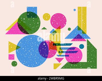 Abstract background with geometric shapes and risograph effect. Minimalist art print. Textured retro backdrop Stock Vector