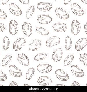 Seamless pattern pistachios in line art style. Hand drawn nuts design for menu, package, food store. Vector illustration on a white background. Stock Vector