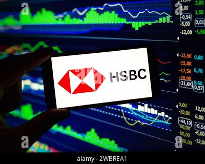 Konskie, Poland - January 04, 2024: HSBC company logo displayed on mobile phone screen Stock Photo