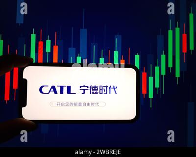 Konskie, Poland - January 04, 2024: CATL company logo displayed on mobile phone screen Stock Photo