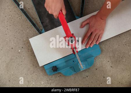 Cutingt tiles with a standard manual tile cutter. Process of installation of tiles in the bathroom step by step. DIY home improvement. Stock Photo