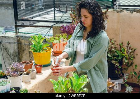 young latin gardener woman standing in morning working in small garden on her terrace, taking care of her plants, busy placing water and giving them l Stock Photo