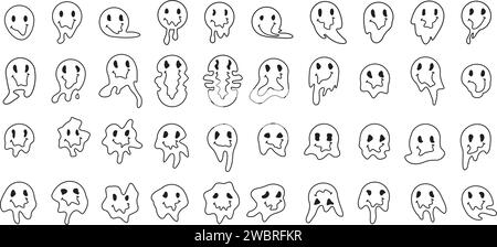 Melting or dripping smile set. Psychedelic faces isolated on white background. Bad trip concept. Stock Vector