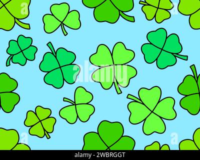 Clover seamless pattern for St. Patrick's Day. Green four-leaf and three-leaf clovers for good luck. Background for greeting card, wrapping paper, pro Stock Vector