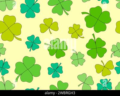 Clover seamless pattern for St. Patrick's Day. Green four-leaf and three-leaf clovers for good luck. Background for greeting card, wrapping paper, pro Stock Vector