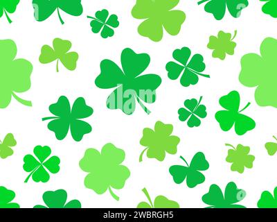 Seamless pattern with green clover leaves on a white. Festive background for Saint Patrick's Day. Green clover leaves for good luck. Design for print, Stock Vector