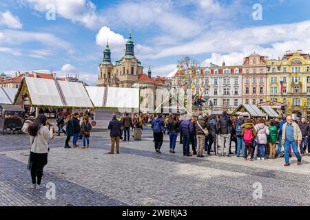 Prague , Czech Republic - April 02, 2018: Traditional Prague Easter market on Old Town Square in Prague Stock Photo