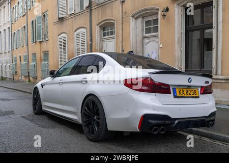 Nancy, France - White BMW M5 F90 Competition parked in a street. Stock Photo