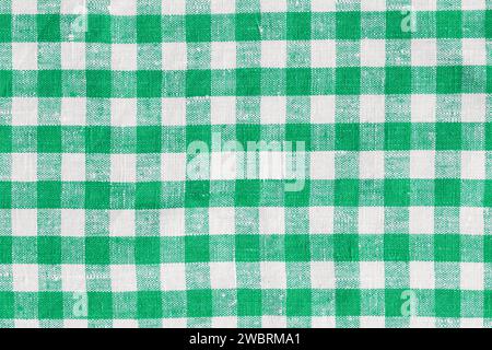 Natural Linen Country Plaid Tartan Kitchen Fabric Material Abstract Check Texture Background Texture, Green White. Flannel Tartan Patterns. Trendy Stock Photo