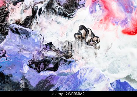 Abstract paint mixture with random pattern, red, blue, purple, black and white, fluid trails, soft focus Stock Photo