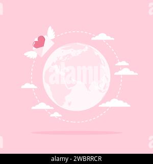 Earth globe and winged envelope with heart inside flying around. Sending a love letter. Flat vector illustration Stock Vector