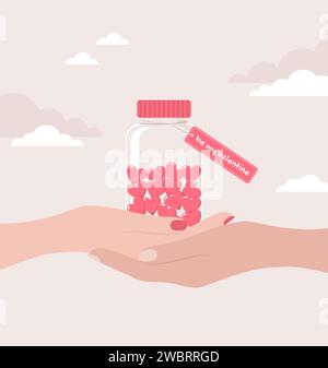 Two pairs of hands holding together a jar filled with hearts with the tag be my valentine. Flat vector illustration Stock Vector