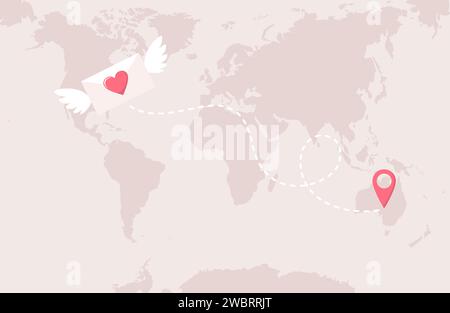 Winged envelope with heart, map pin icon and dashed route on world map background. Sending a love letter. Flat vector illustration Stock Vector