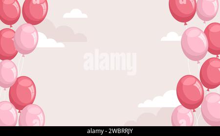 Pink balloons on beige cloud background with copy space. Festive frame. Flat vector illustration Stock Vector