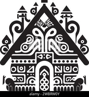 Vector ornamental traditional decorative house illustration. Abstract historical mythology cabin logo. Good for print or tattoo. Stock Vector