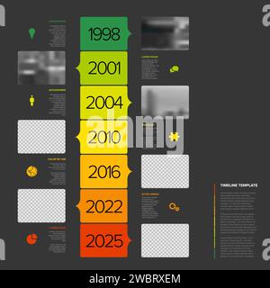 Vector multipurpose vertical simple dark progress timeline steps template with descriptions, icons and photo placeholders in bix green and red rectang Stock Vector
