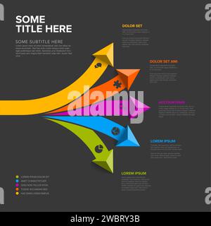 Vector dark multipurpose Infographic template with title and five elements options with big color arrows. Multipurpose Infochart with modern colors li Stock Vector